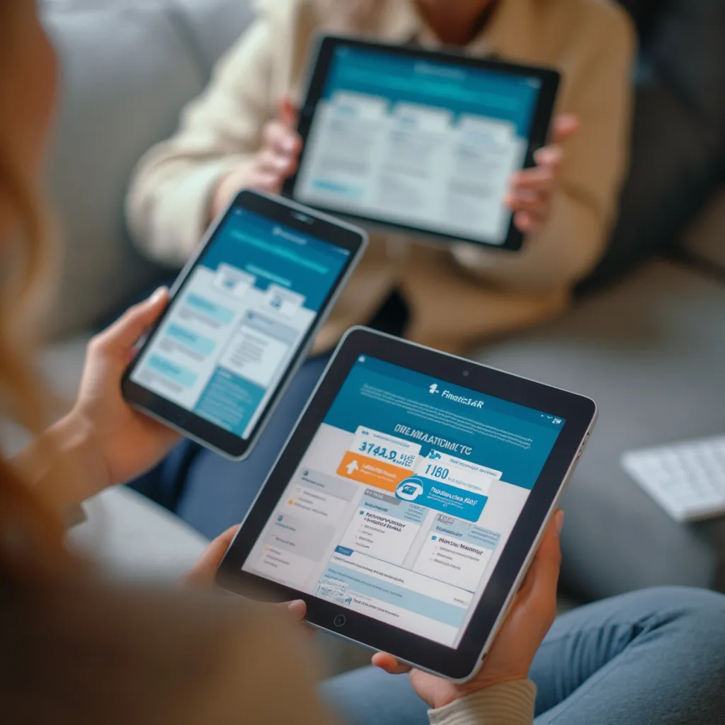 Personas utilizando la plataforma FinanzasAR en tablets