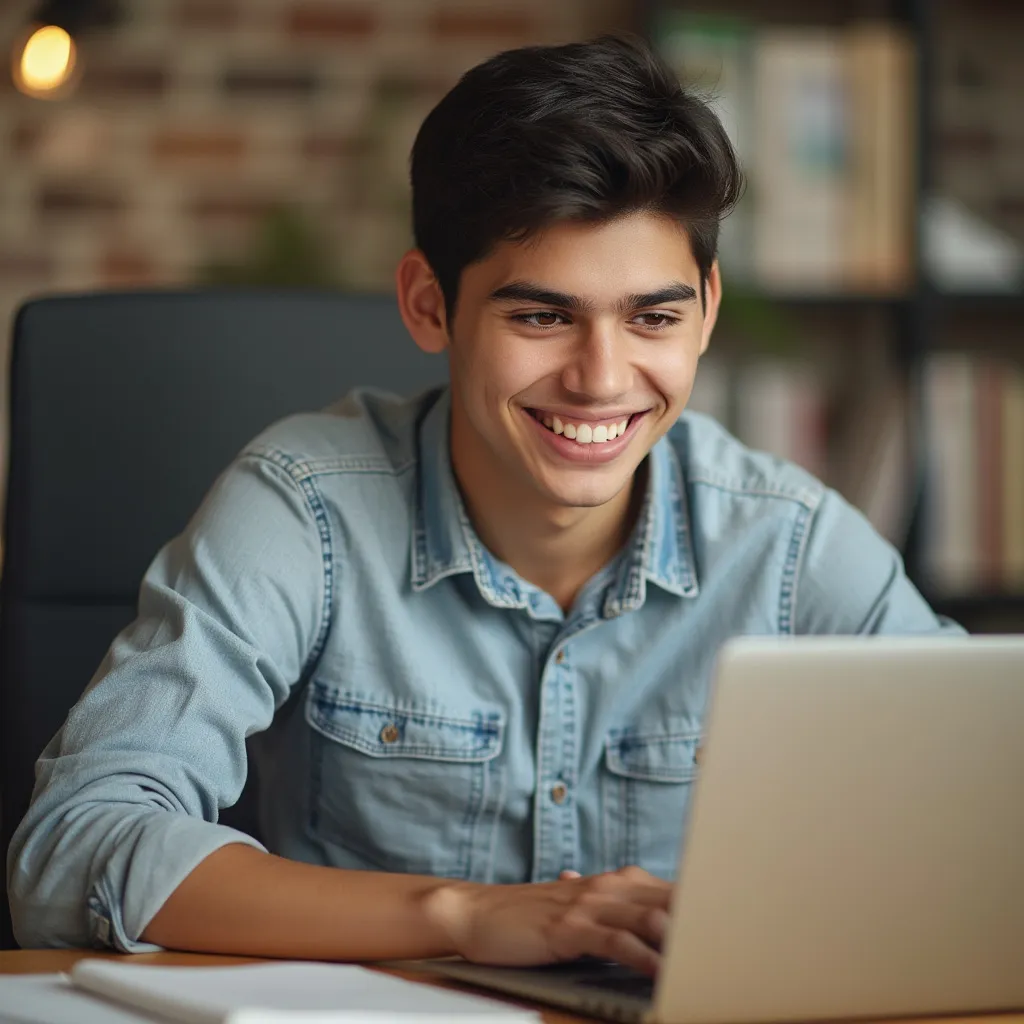 Un estudiante sonriente aprendiendo finanzas online