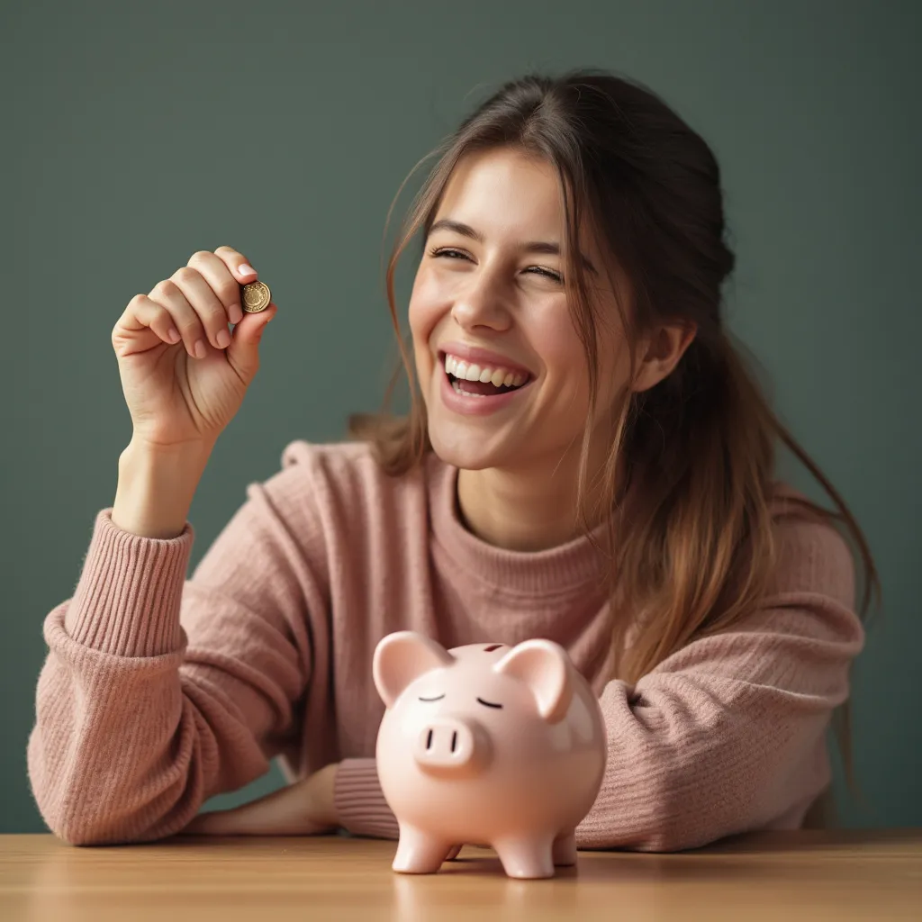 Mujer joven sonriendo con una alcancía