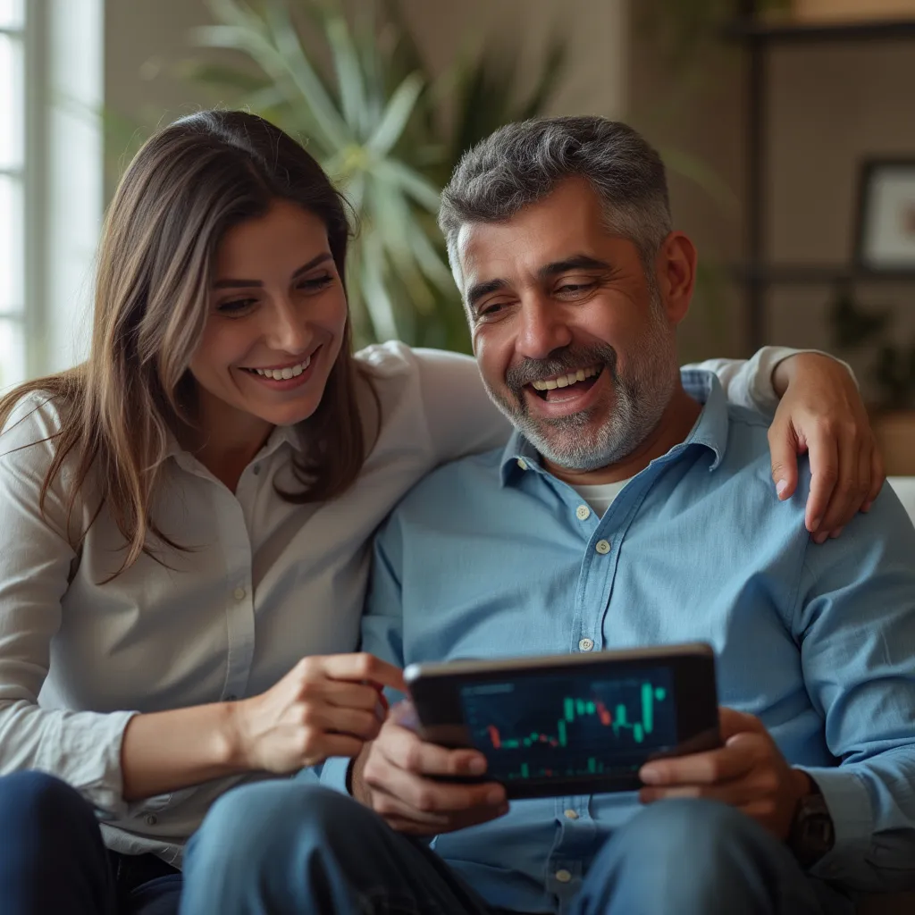 Pareja revisando gráficos financieros en una tablet